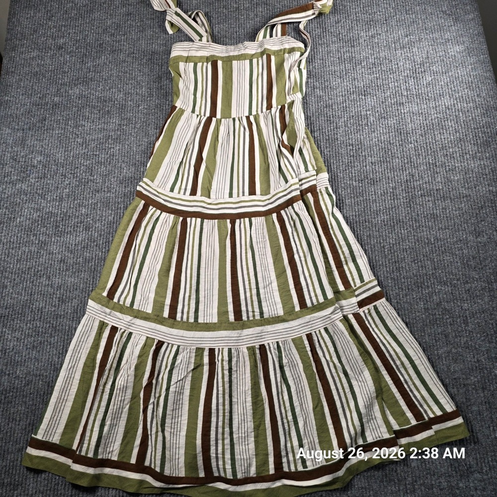 Blu Pepper Womens Striped Tiered Maxi Dress Olive Brown White Tie Shoulder S